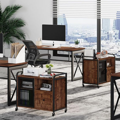 BON AUGURE Filing Cabinet for Home Office, Rolling Lateral File Cabinet with Storage, Wood Metal Printer Stand with Drawer (Rustic Oak)