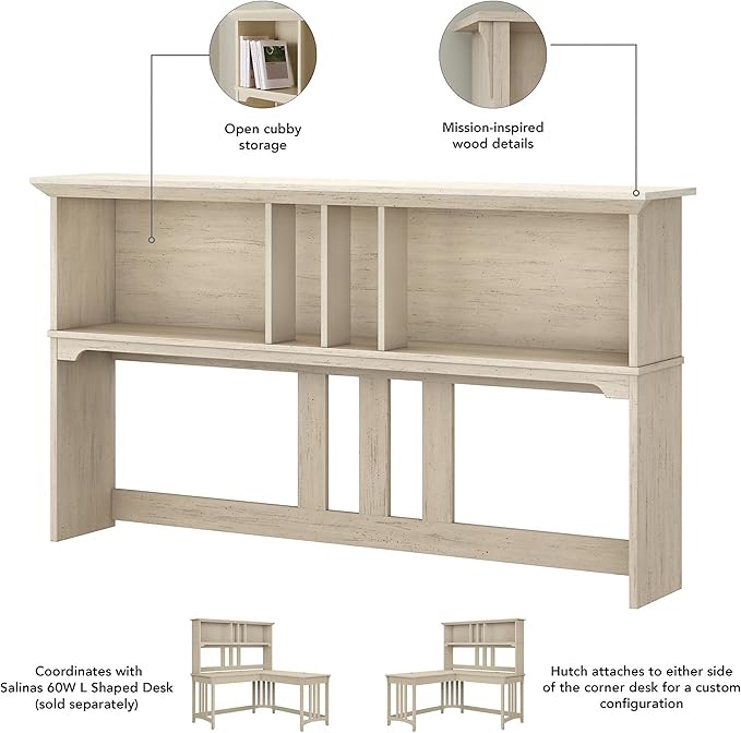 Bush Furniture Salinas Hutch, Desk Attachment with Shelf Storage for Home Office, 60W, Antique White