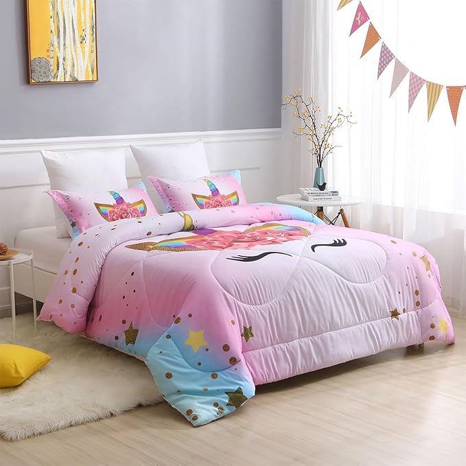 Kids Unicorn Bedding Set Twin Size for Girls, Pink Rainbow Girls Twin Comforter Set with 2 Pillowcases, Floral Kids Unicorn Bed Set Twin, Unicorn Room Decor for Girls Bedroom, All Season