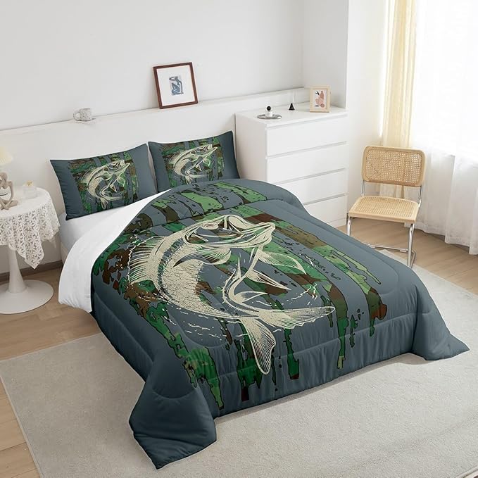 Feelyou Bass Fish Comforter Set King Size Green Camouflage Bedding Set for Fishing Lover Gifts Boys Girls Camo Pike Fish Fishing Comforter Wild Fisherman Bed Set Rustic Cabin Bedroom Decor