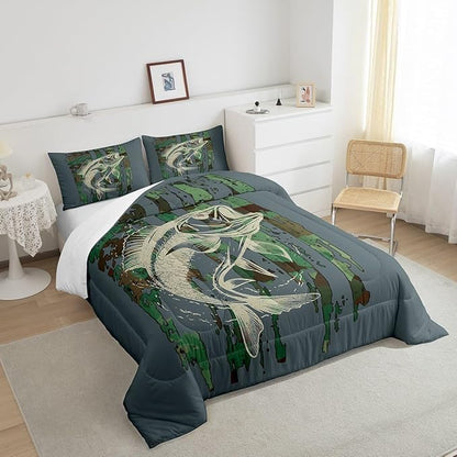 Feelyou Bass Fish Comforter Set Queen Size Green Camouflage Bedding Set for Fishing Lover Gifts Boys Girls Camo Pike Fish Fishing Comforter Wild Fisherman Bed Set Rustic Cabin Bedroom Decor