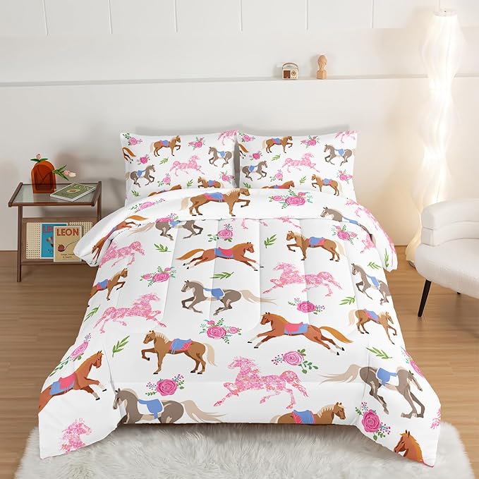 HOSIMA Kawaii Pink Rose Horse King Size Comforter Set,Cute Animal Horse Bedding Girls Teens Aesthetic Room Decor,Princess Toddler Bedding Set Cowboy Cowgirl Colorful Pony Comforter.