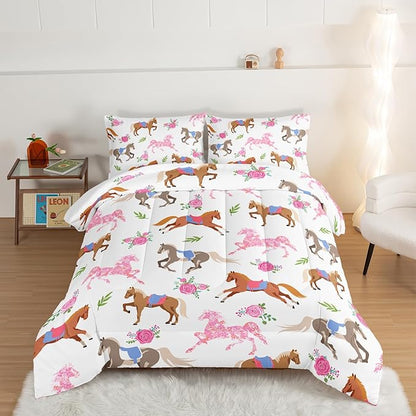HOSIMA Kawaii Pink Rose Horse King Size Comforter Set,Cute Animal Horse Bedding Girls Teens Aesthetic Room Decor,Princess Toddler Bedding Set Cowboy Cowgirl Colorful Pony Comforter.