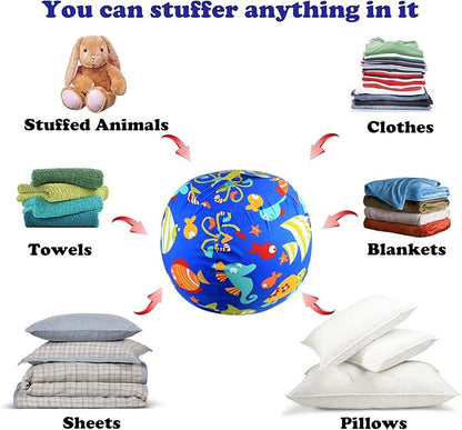 Stuffed Animal Storage Bean Bag Chairs Toy Storage Organizer Bean Bags Chair Cover for Kids 24" Cotton Canvas Beanbag with Zipper for Organizing Kid's and Adults Room, (Blue sea world, 24" x 1)