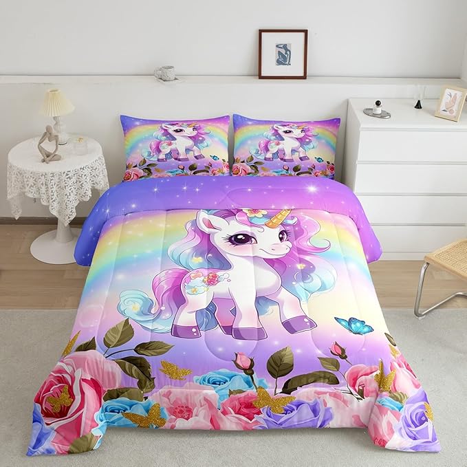 Manfei Cute Unicorn Kids Comforter Set Twin Size,Rainbow Starry Sky Roses Dreamy Bedding Set,Girls Women Room Decor,Cartoon Animals Flowers Down Comforter,Pink Purple Unique Duvet Insert,1 Pillowcase