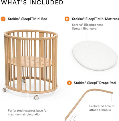 Stokke Sleepi Mini Bundle, Natural - includes Crib/Bed, Mattress & Drape Rod - Suitable for Ages 0-5 Years Old - Adjustable & Stylish