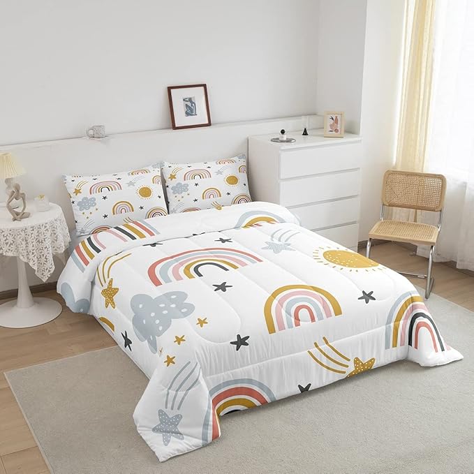 Rainbow Comforter Set for Girls, Sun and Stars Bedding Set King for Kids Boys Children Cartoon Cloud Bedding Comforters Girly Soft Microfiber Duvet Insert for Bedroom Decor, Rainbow Gifts For Kids