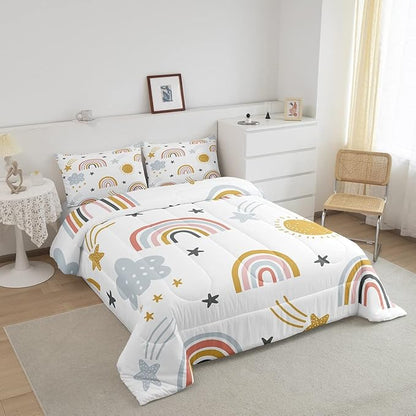 Rainbow Comforter Set for Girls, Sun and Stars Bedding Set King for Kids Boys Children Cartoon Cloud Bedding Comforters Girly Soft Microfiber Duvet Insert for Bedroom Decor, Rainbow Gifts For Kids