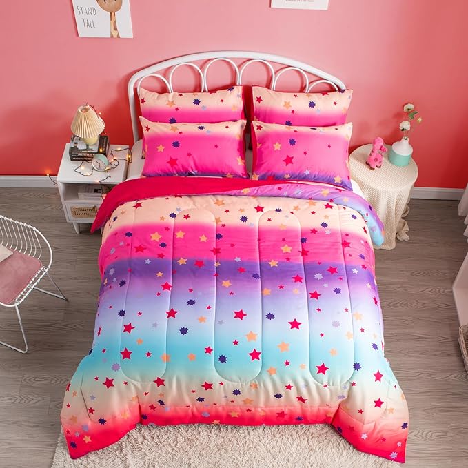 Twin/Twin XL Comforter Set for Girls Rainbow Bedding Set 2 Pieces with Multicolor Stars Pink Comforter Set Twin Size with Pillowcase for Kids, Teenagers