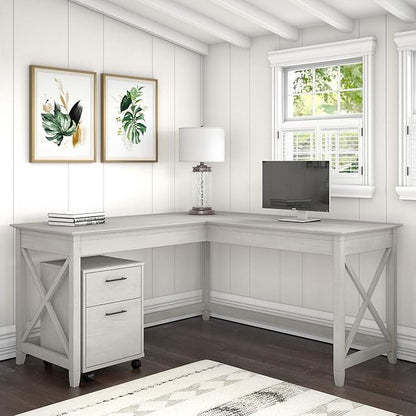 Bush Furniture Key West 60W L Shaped Desk with 2 Drawer Mobile File Cabinet in Linen White Oak