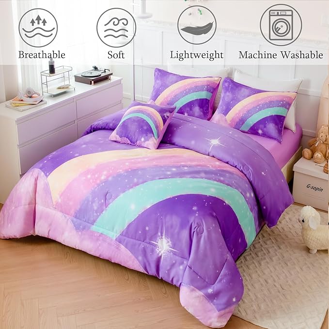 Purple Rainbow Girls Full Size Comforter Set, 6 Pieces Gradient Glitter Kids Bedding Sets, Galaxy Kids Bedroom Decor Bed in A Bag with Sheets for Girls Teens