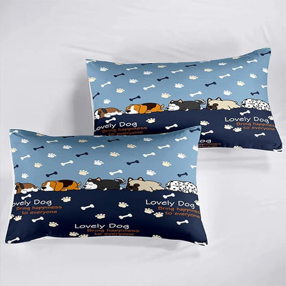 Cute Cartoon Dog Comforter Set 3Pcs Full Comforter Set for Boys Lovely Puppy Patterns Bedding Set Fun Animal Lover Comforter Lovely Dog Paw Bones Quilt with 2 Pillowcases, Full Size