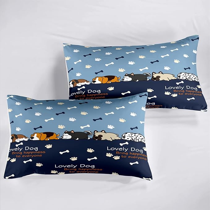 Bedding Set, 3Pcs Cartoon Dog Comforter Set for Boys, Queen Size, Lovely Puppy Patterns, Fun Animal Lover Quilt with 2 Pillowcases