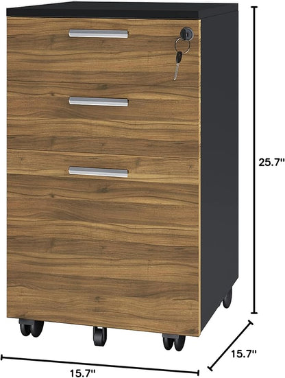 Lazio File Cabinet with Lock - Filing Cabinet for Home and Office - 3 Drawer Small Rolling File Cabinet -Wood Printer Stand with Storage for A4 Size/Legal Documents, File Folders (Cass Walnut/Black)