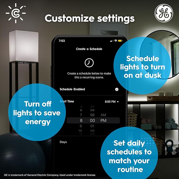 GE CYNC Smart LED Light Bulbs, Tunable White, Bluetooth and Wi-Fi, Works with Alexa and Google, A19 (2 Pack)