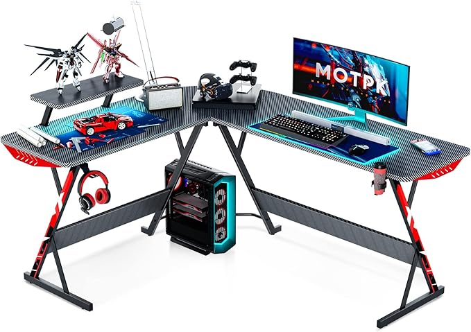 MOTPK L Shaped Gaming Desk 58 Inch, Gaming Computer Desk L Shape with Carbon Fiber Surface, Gamer Desk Gaming Table with Monitor Shelf, Cup Holder & Headphone Hook, Black
