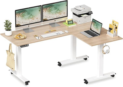 FEZIBO Triple Motor L-Shaped Electric Standing Desk, Height Adjustable Stand up Corner Desk, 63 Inches Sit Stand Workstation with Splice Board, White Frame/Light Walnut Top