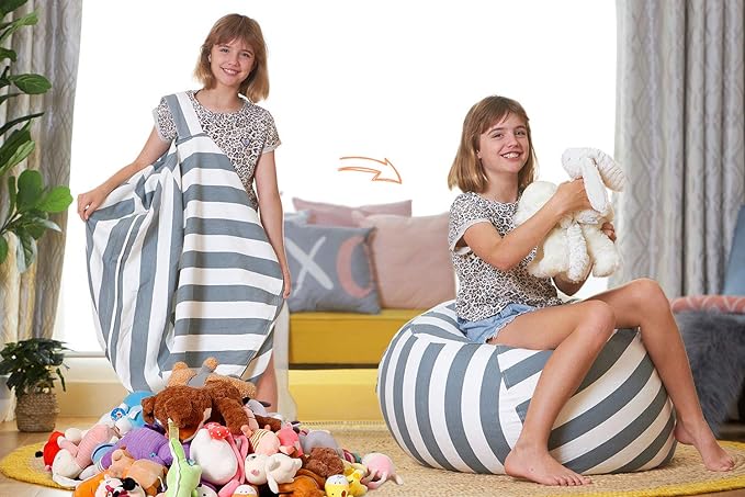 Aubliss Stuffed Animal Bean Bag Storage Chair, Beanbag Covers Only for Organizing Plush Toys, Turns into Bean Bag Seat for Kids When Filled, Medium 32"-Canvas Stripes Grey/White