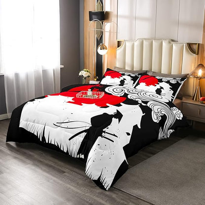 Erosebridal Samurai Comforter Set Full Size, Sunset Print Down Comforter, Japan Quilted Duvet, Building Silhouette Breathable Quilt Set, Japanese Ukiyoe Bedding Set, Ultra Lightweight
