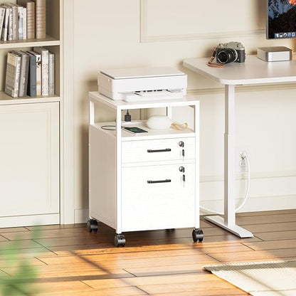 SUPERJARE File Cabinet with Lock & Charging Station, 2 Drawers Rolling Filing Cabinet, Office File Cabinet with Wheels & Open Shelf, for Home Office, A4/Letter Size Files - White