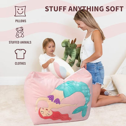 Aubliss Unicorn Stuffed Animal Storage Bean Bag Chair for Kids, Velvet Extra Soft Beanbag Chairs Cover, X-Large Stuffable Zipper Bean Bag for Organizing Plush Toys Girls Bedroom Decor, Pink