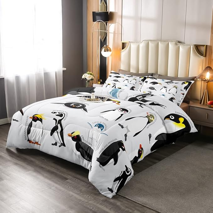 Erosebridal Penguin Comforter Set Queen Size,Black White Penguins Bedding Set Cute Animal Down Comforter for Kids Boys Girls Teens,Wildlife Grey Bedding Quilted Sets with 2 Pillow Cases Bedroom Decor