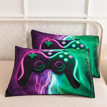 Meeting Story Gamer Gaming Bedding Sets Red Blue Lightnings Gamepad Comforter Set for Boys Games Console Action Buttons Novelty Colorful Modern Room Decor Home Quilt Set (Green-Purple, Full)