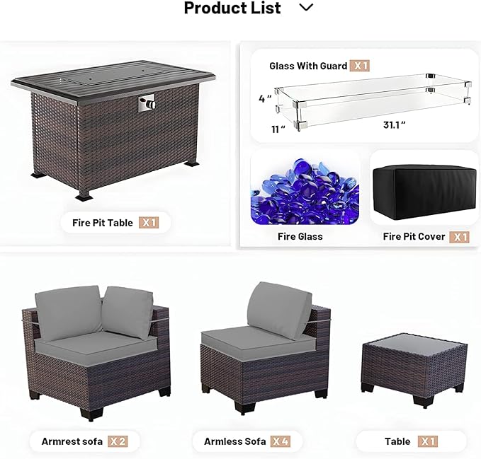 Kullavik 8 Pieces Outdoor Patio Furniture Set with 43" Gas Propane Fire Pit Table PE Wicker Rattan Sectional Sofa Patio Conversation Sets,Grey