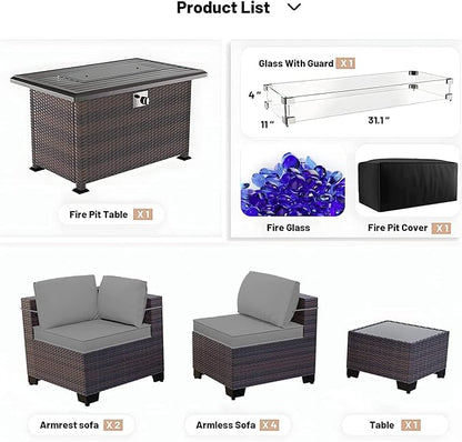 Kullavik 8 Pieces Outdoor Patio Furniture Set with 43" Gas Propane Fire Pit Table PE Wicker Rattan Sectional Sofa Patio Conversation Sets,Grey
