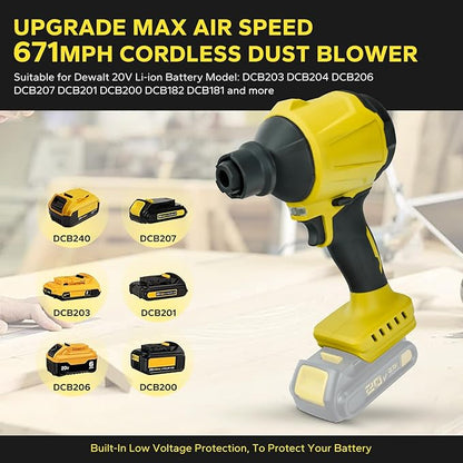 Cordless Dust Blower for Dewalt 20V Max Battery, 2-in-1 Blower & Vacuum, Handheld Blower HighSpeed Motor Air Compressed Duster w/ 671 MPH & 7 Nozzles for Sawmill Room, Home Cleaning（No Battery ）