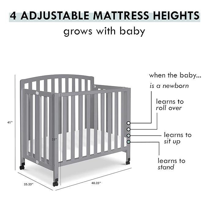 DaVinci Dylan Folding Portable 3-in-1 Convertible Mini Crib and Twin Bed in Grey, Greenguard Gold Certified