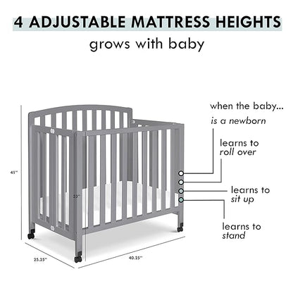 DaVinci Dylan Folding Portable 3-in-1 Convertible Mini Crib and Twin Bed in Grey, Greenguard Gold Certified