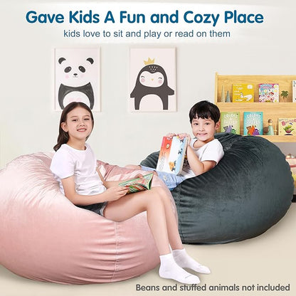 Lukeight Stuffed Animal Storage Bean Bag Chair Cover for Kids, Zipper Beanbag Chair Cover for Organizing Toddler & Kids' Rooms Plush Toys (Dark Gray Velvet, X-Large)