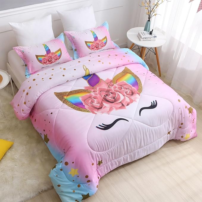 Unicorn Full Bedding Sets for Girls Kids Comforter Set Full Size with 2 Pillowcases Pink and Rainbow Unicorn Room Decor for Girls Bedroom Ultra Soft Machine Washable Toddler Bed Set