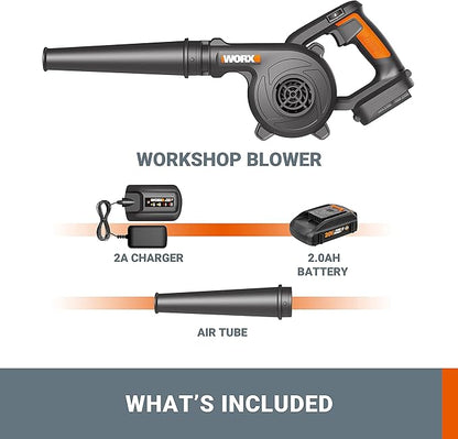 WORX 20V Cordless Jobsite Blower WX094L Compact Leaf Blower for Jobsite Garage Yards，2.0Ah Battery & Charger Included