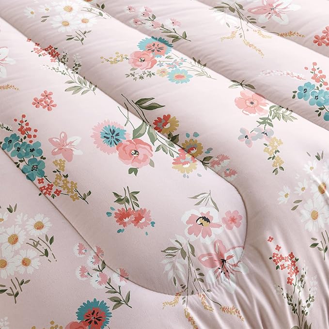 Floral Comforter King Size,Pink Floral Kids Comforter Set,3Pcs Bedding Set Printed Comforter with 2 Pillowcases,Down Alternative,Soft and Lightweight,for All Seasons
