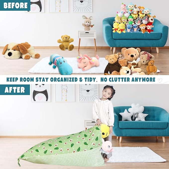 Stuffed Animal Storage Bean Bag Chair Cover, Cotton Green Avocado Plush Toy Storage Stuff and Sit Seat for Kids/Teens/Adults, 52" x 31" Extra Large Triangle Floor Sofa, 200L/52Gal, Cover Only