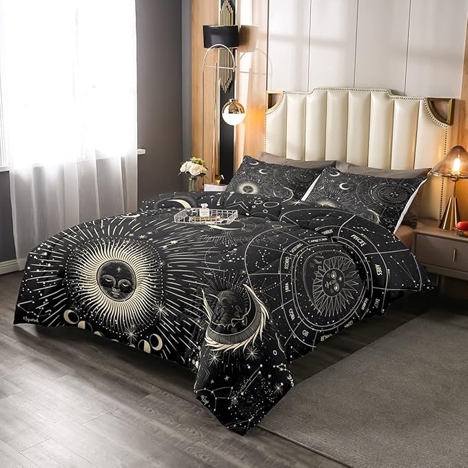 Erosebridal Bohemian Sun Moon Comforter Set, Constellation Down Comforter King Size, Starry Sky Quilted Duvet, Exotic Style Black Room Decor Duvet Insert,Super Soft Breathable Bedding Set