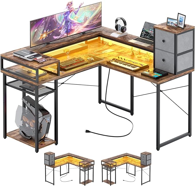 armocity L Shaped Desk with Drawers, Reversible Corner Computer Desk with LED Light & Power Outlet, 55.2'' L-Shaped Gaming Desk with Long Monitor Shelf, Home Office Desk for Small Corner Space, Rustic
