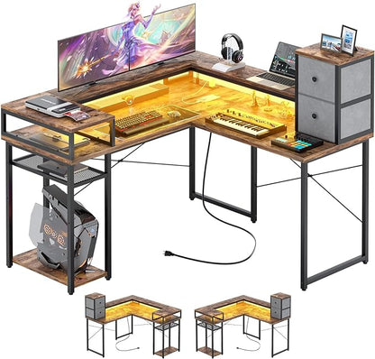 armocity L Shaped Desk with Drawers, Reversible Corner Computer Desk with LED Light & Power Outlet, 55.2'' L-Shaped Gaming Desk with Long Monitor Shelf, Home Office Desk for Small Corner Space, Rustic
