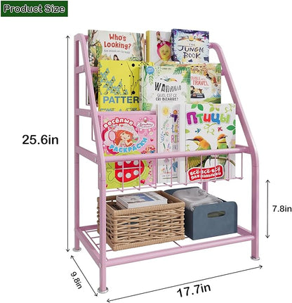 aboxoo Kids Bookshelf Small Toddler Freestanding for Children Room 18 inches Metal Bookcase Toy Organizer Pink Stable Bookcase Bookstore Library Book Unit Storage for Small Place