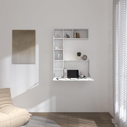 DMAITH Wall Mounted Desk, White Folding Desk for Small Spaces, Hidden Pull Down Floating Writing Desk with Storage Shelf for Home Office