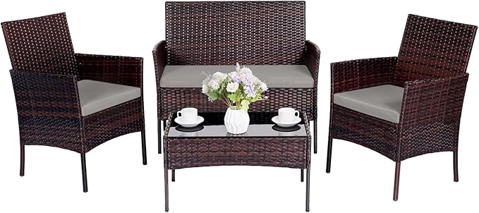 Patio Furniture Set,4 Piece Garden Conversation Set, Outdoor Wicker Rattan Table and Chairs, Black Patio Set, Sectional Sofa with Thick Cushion for Garden, Yard, or Porch (Brown/Grey)…