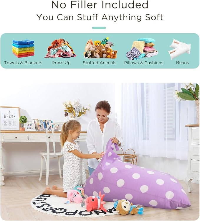 Aubliss Stuffed Animal Storage Bean Bag Chairs Cover, 50"x 35" Extra Large Bean Bags Chair for Kids & Adults, Beanbag Toy Storage for Boys Girls - Premium Cotton Canvas Purple Dot