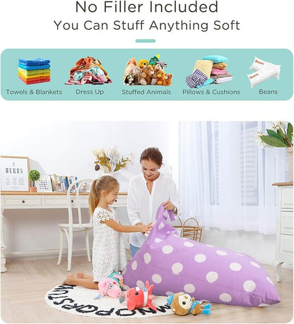 Aubliss Stuffed Animal Storage Bean Bag Chairs Cover, 50"x 35" Extra Large Bean Bags Chair for Kids & Adults, Beanbag Toy Storage for Boys Girls - Premium Cotton Canvas Purple Dot
