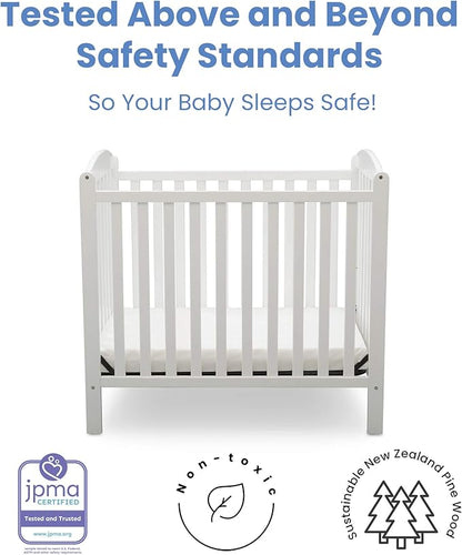 Delta Children Emery Mini Convertible Baby Crib with 2.75-inch Mattress, Bianca White & Serta SleepTrue Mini Crib Mattress, Premium Sustainably Sourced Fiber Core
