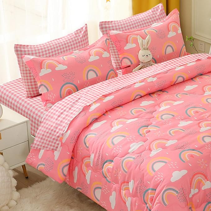 Twin Rainbow Comforter Set for Kids Girls Teens 7 Piece Pink Cloud Sun Pink Bed in a Bag 3D Cute Cartoon Love Hearts Bedding Set