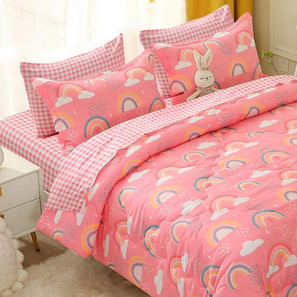 Twin Rainbow Comforter Set for Kids Girls Teens 7 Piece Pink Cloud Sun Pink Bed in a Bag 3D Cute Cartoon Love Hearts Bedding Set