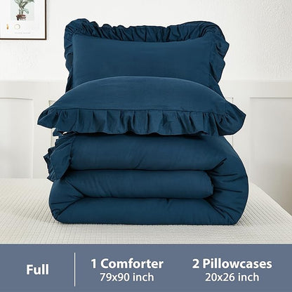 Andency Navy Blue Full Size Comforter Set(79x90Inch), 3 Pieces(1 Ruffle Comforter and 2 Pillowcases) Lightweight Fluffy Bedding Comforter Sets Full Bed, All Season Soft Microfiber Bedding Set