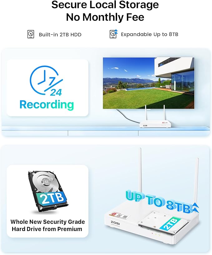 ZOSI 2.5K WiFi Security Camera Wireless Outdoor System,2TB HDD,8 Channel NVR for 24/7 Recording,4 x 4MP Cameras for Home with Color Night Vision,Person Vehicle Detection,2-Way Talk,Siren Alarm,Plug-in